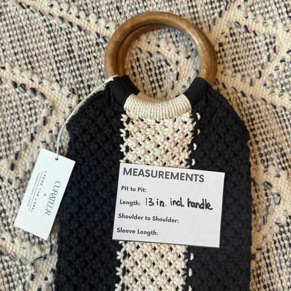 Laude The Label NWT Gabby Mini Macrame Bag Black/White Wooden Handle Woven Purse - Picture 6 of 6